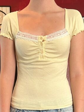 SHEIN Pale Yellow Ribbed Lace-Trim Square Neck Top